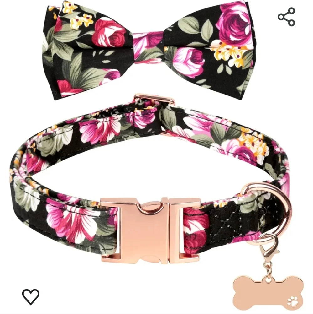 New with tags! Bright black floral rose bow collar & gold dog bone tag SMALL